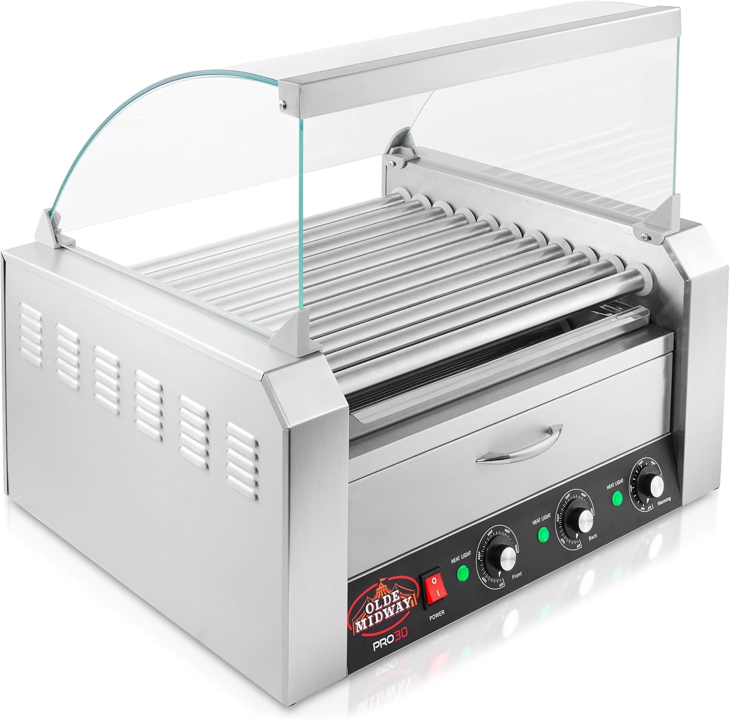 Olde Midway Electric 30 Hot Dog 11 Roller Grill Cooker Machine with Bun Warming Drawer and Cover - Commercial Grade, Stainless Steel