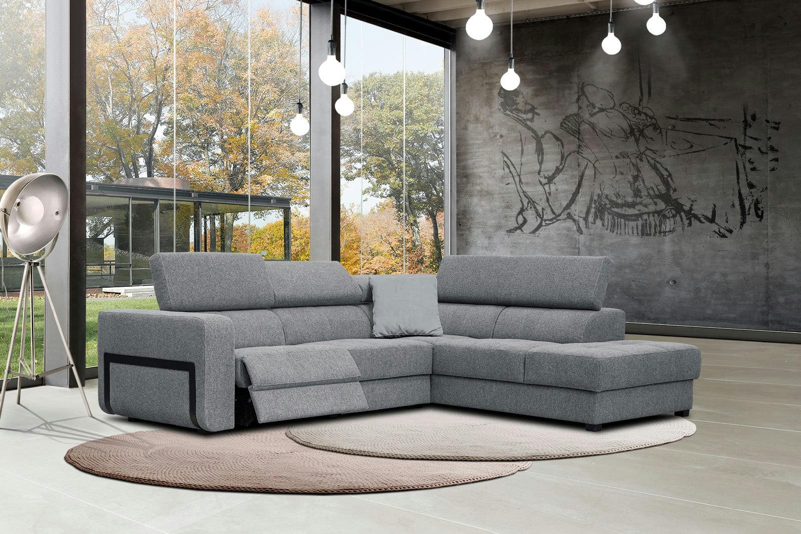 BERGO - Canapé d'angle droit 5 places avec une relax électrique tissu gris