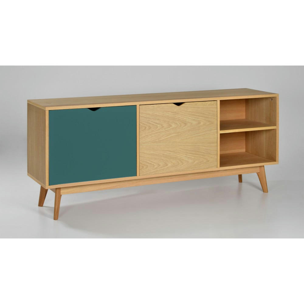 STRÖM - Meuble TV design 2 portes chêne porte vert eucalyptus