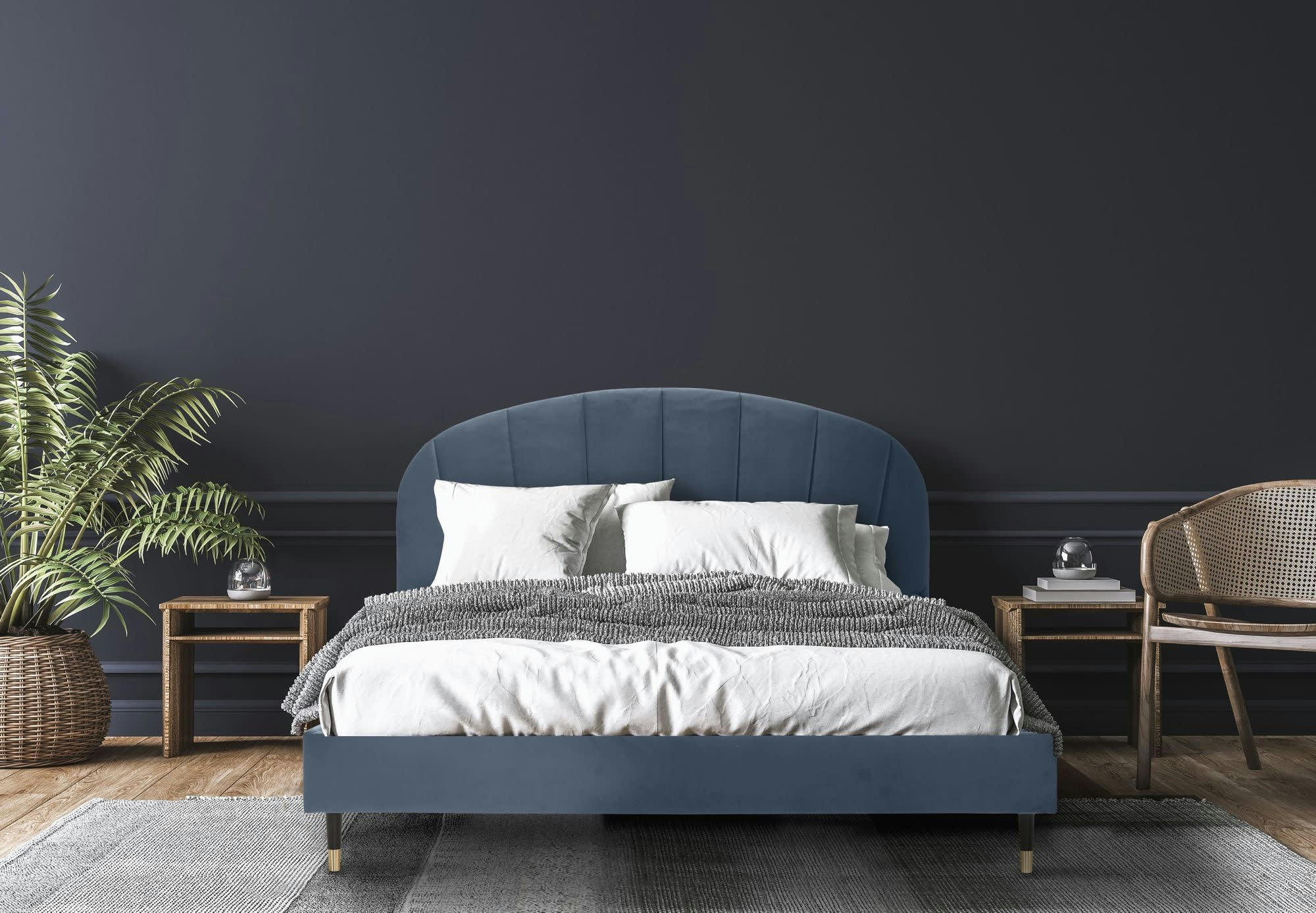 ALBA - Lit avec matelas 2 places  en velours bleu gris 140x190