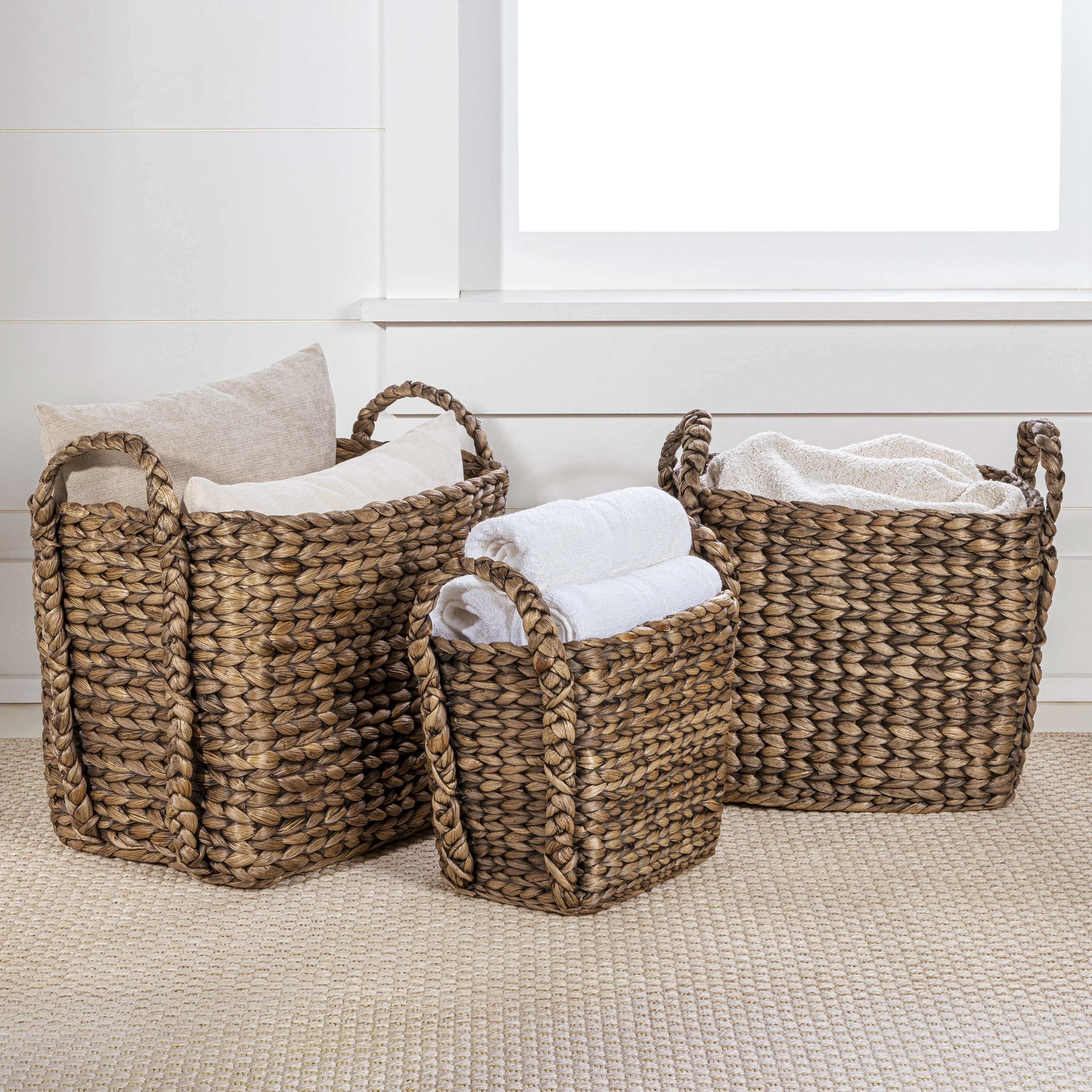 Handwoven Rectangle Storage Floor Baskets with Handles (Set of 3)