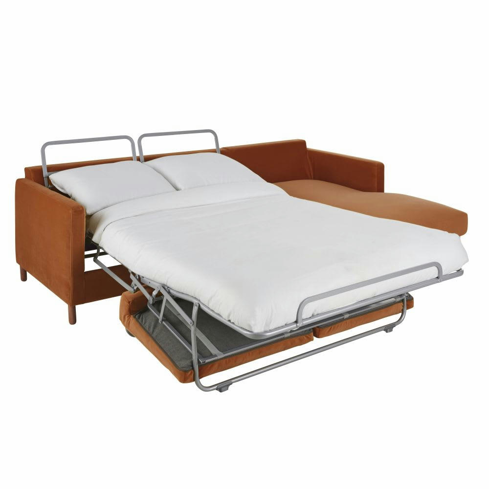 Julian - Canapé d'angle droit convertible 5 places en velours orange, matelas 14 cm