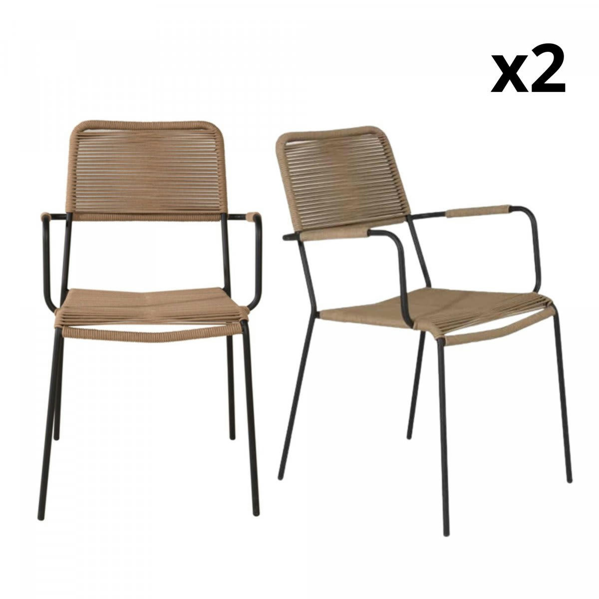 KENNA - Lot de 2 chaises de jardin en métal et corde marron