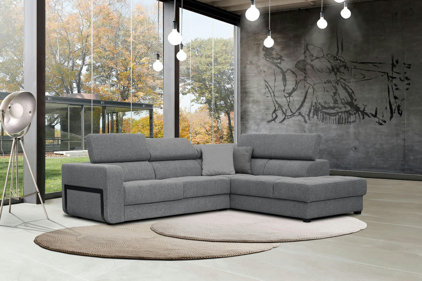 BERGO - Canapé d'angle droit 5 places en tissu gris avec coussins déco