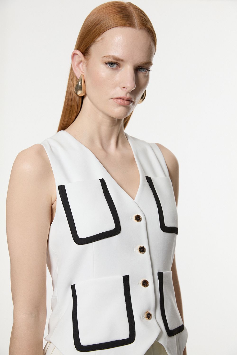 KarenMillen Compact Stretch Sleeveless Pleated Tipped Tailored Midaxi Dress
