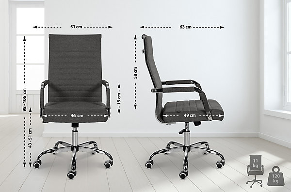 Chaise de bureau ergonomique Amadora, réglable en hauteur, pivotante 360 degrés, similicuir ou tissu. Grisfoncé/Tissu