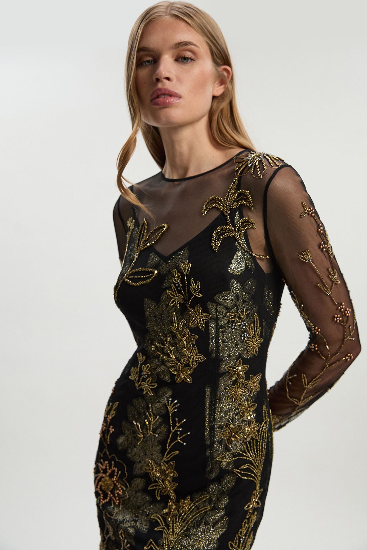 KarenMillen Petite Floral Applique Embellished Metallic Georgette Woven Maxi Dress