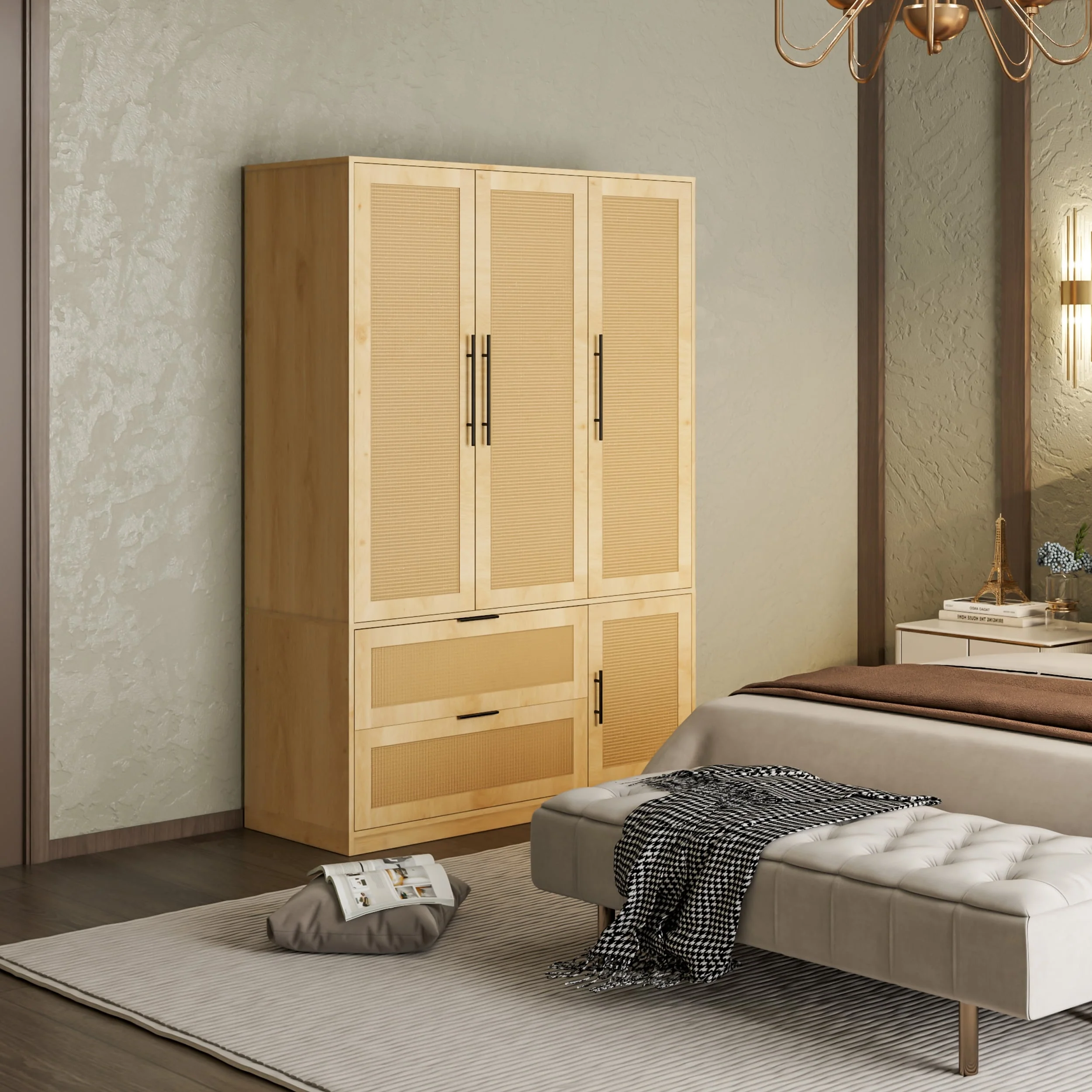 47W Family 4-Door Wardrobe Armoires Closet 2 Drawer Storage Rattan Style - N/A