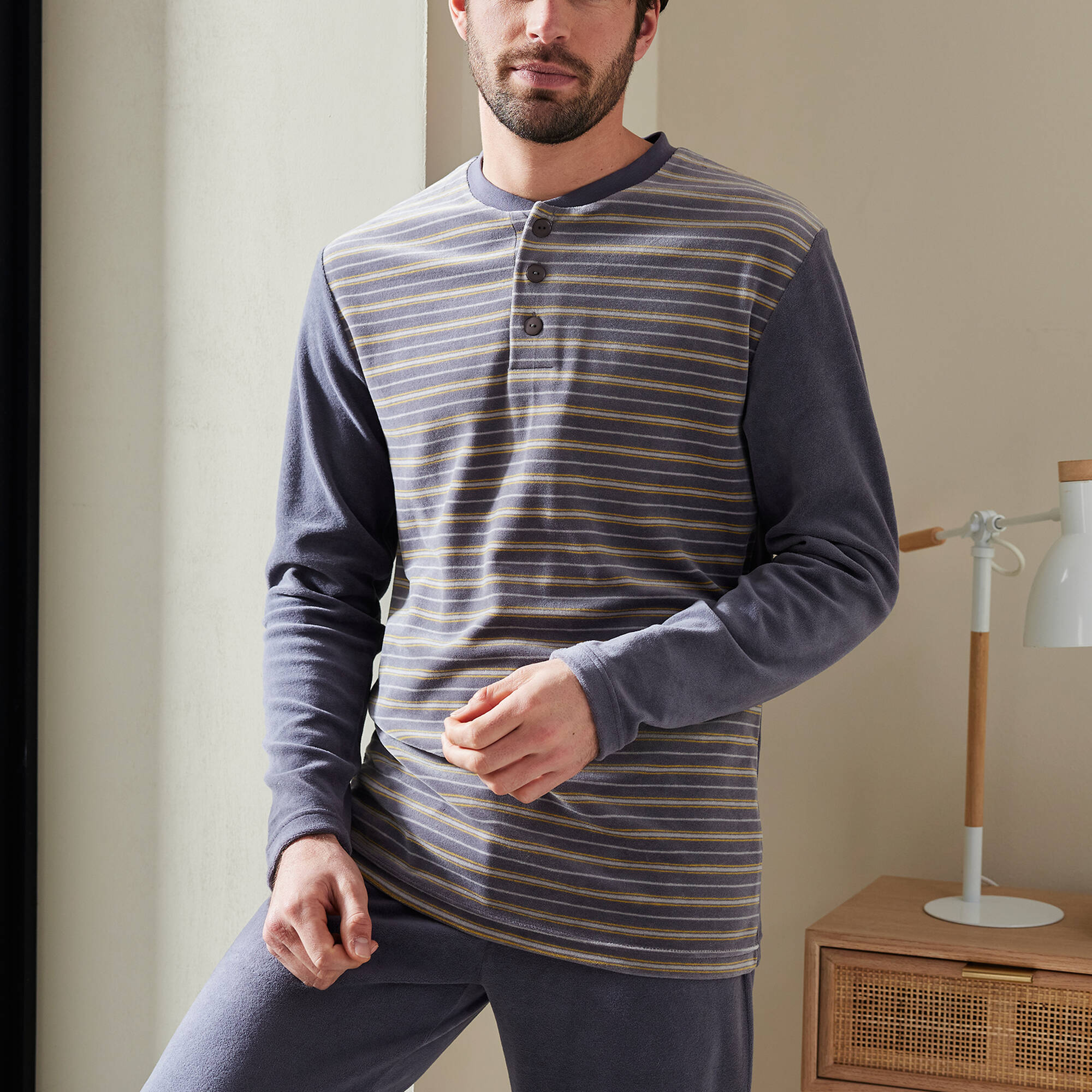 Pyjama pantalon rayé velours manches longues