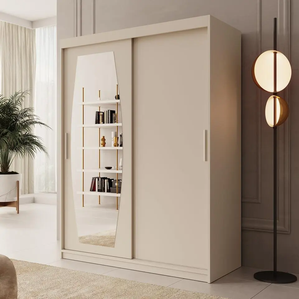 Meubella - Kledingkast Azai - Beige - 150 cm - Met spiegel