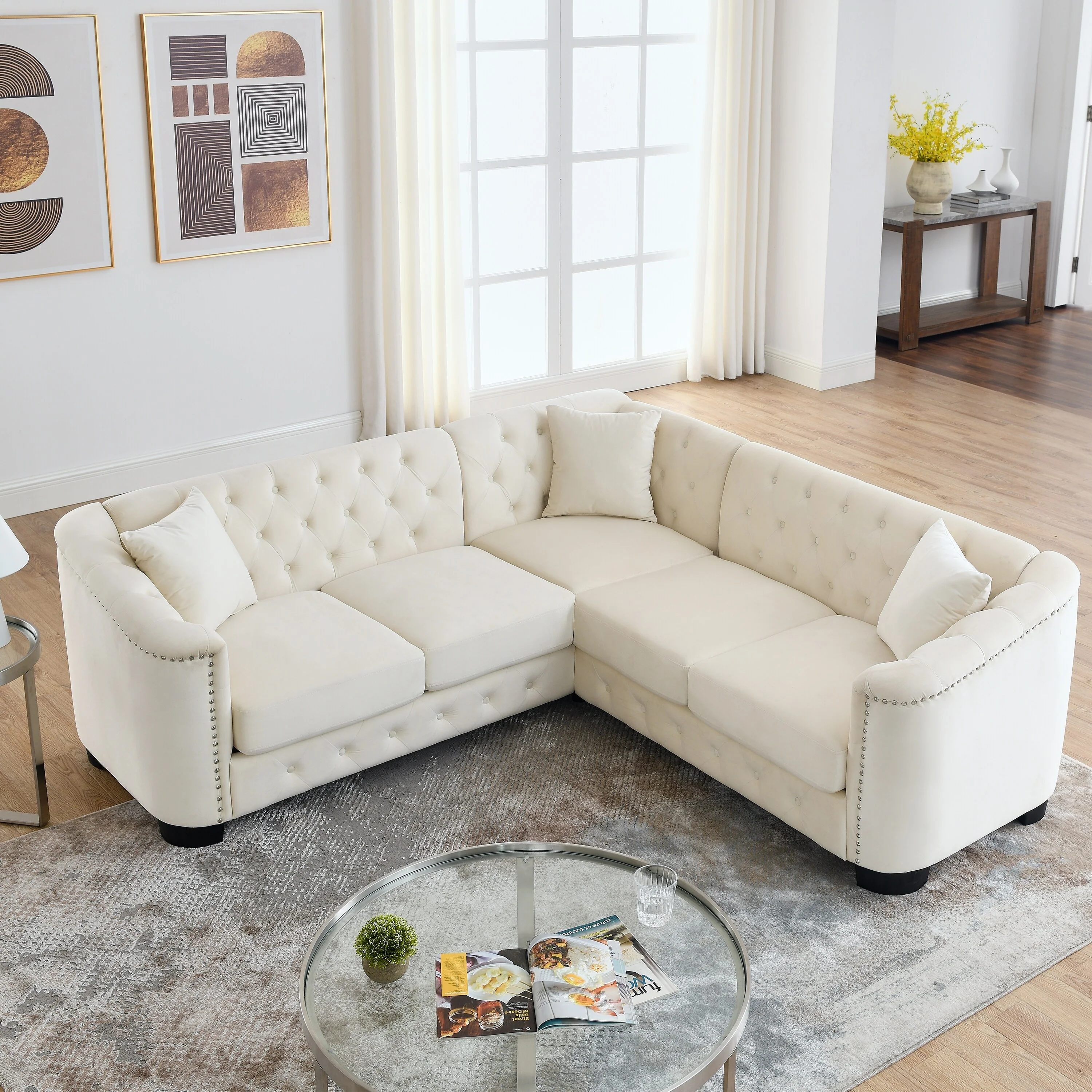 Beige 82'' Velvet Chesterfield L-Shaped Corner Sofa, 5-Seater with Nailhead Trim, Removable Cushions, and Solid Wood Frame