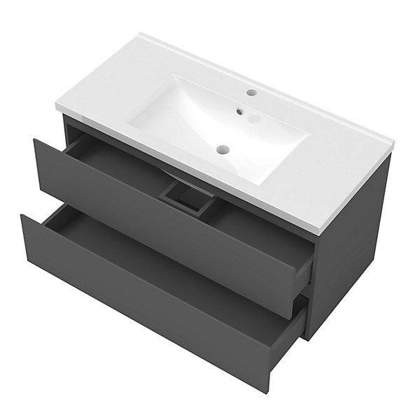 Ensemble meuble de salle de bain 100cm, vasque céramique et LED miroir mural, anthracite