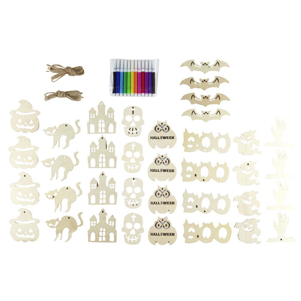 Kit DIY Halloween 9 suspensions en bois et 12 feutres