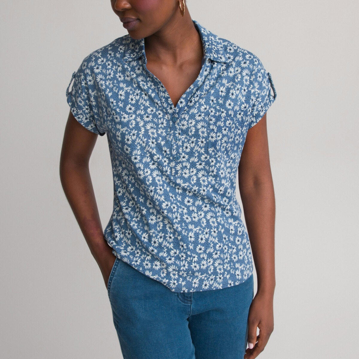 T-shirt col rond, manches courtes, imprimé floral