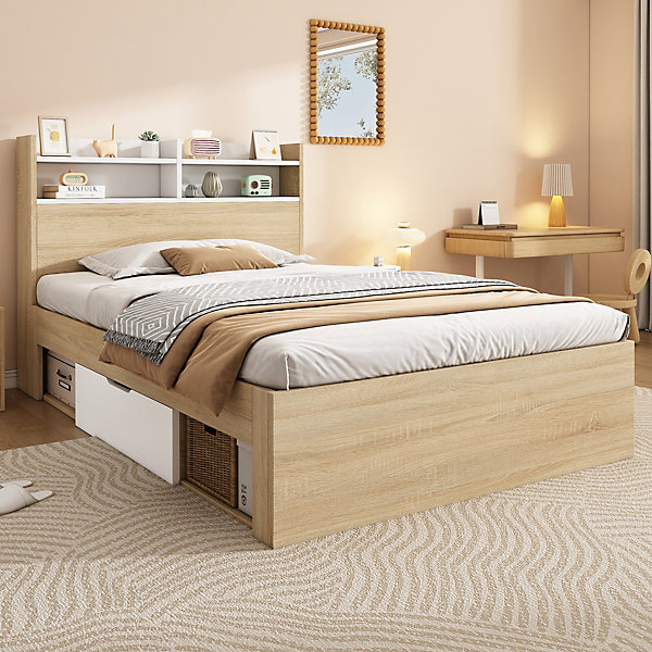 Lit simple 90x200cm avec 2 tiroirs - tête de lit avec étagère - panneaux de particules bois massif - Naturel(matelas non inclus)