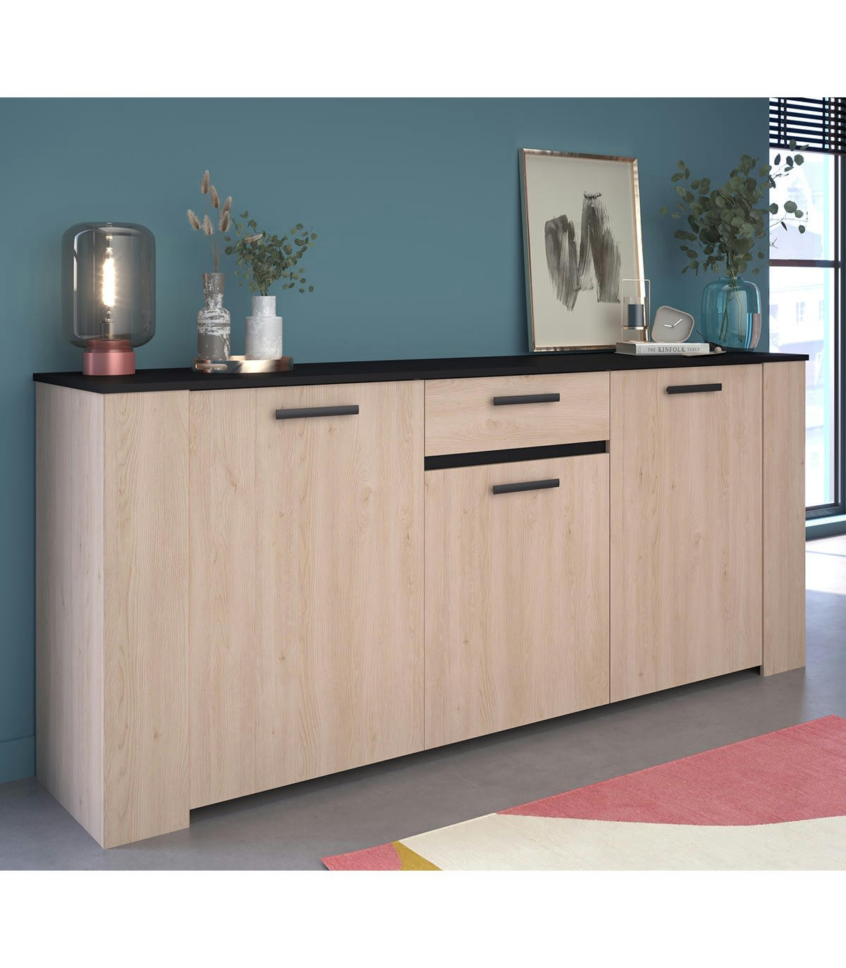 HELMA - Buffet 3 portes 1 tiroir effet bois L182 x H80 cm
