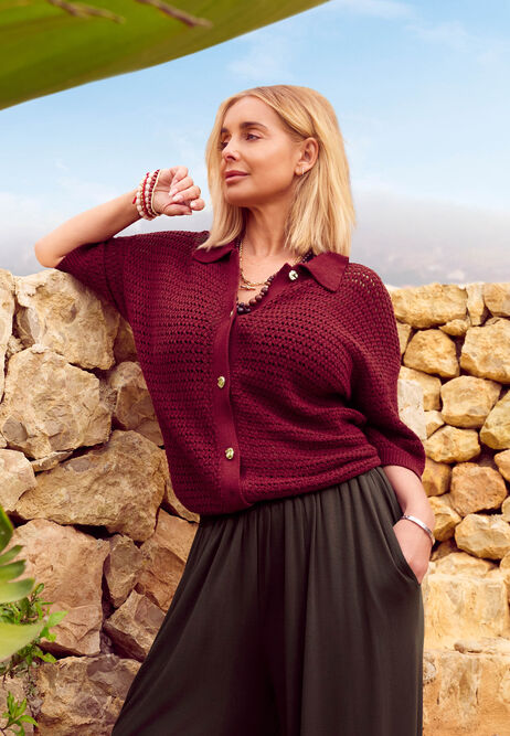 Womens Burgundy Crochet Gold Button Cardigan