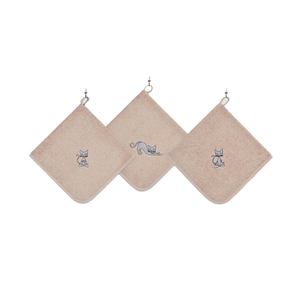YOGI CAT - Lot de 3 torchons  carrés en coton  sable