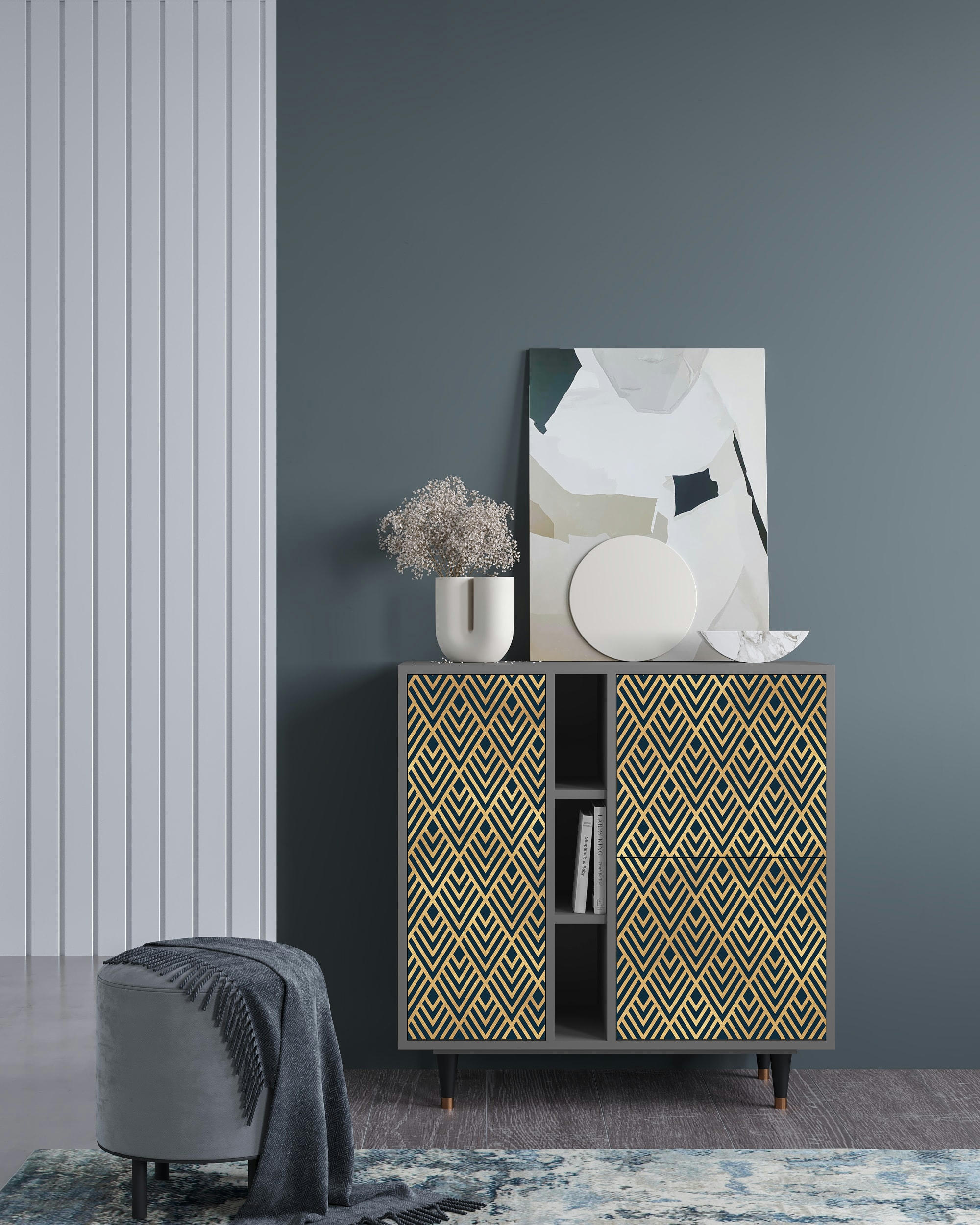 EGYPT TRIANGLES - Buffet  bleu 3 portes L 94 cm