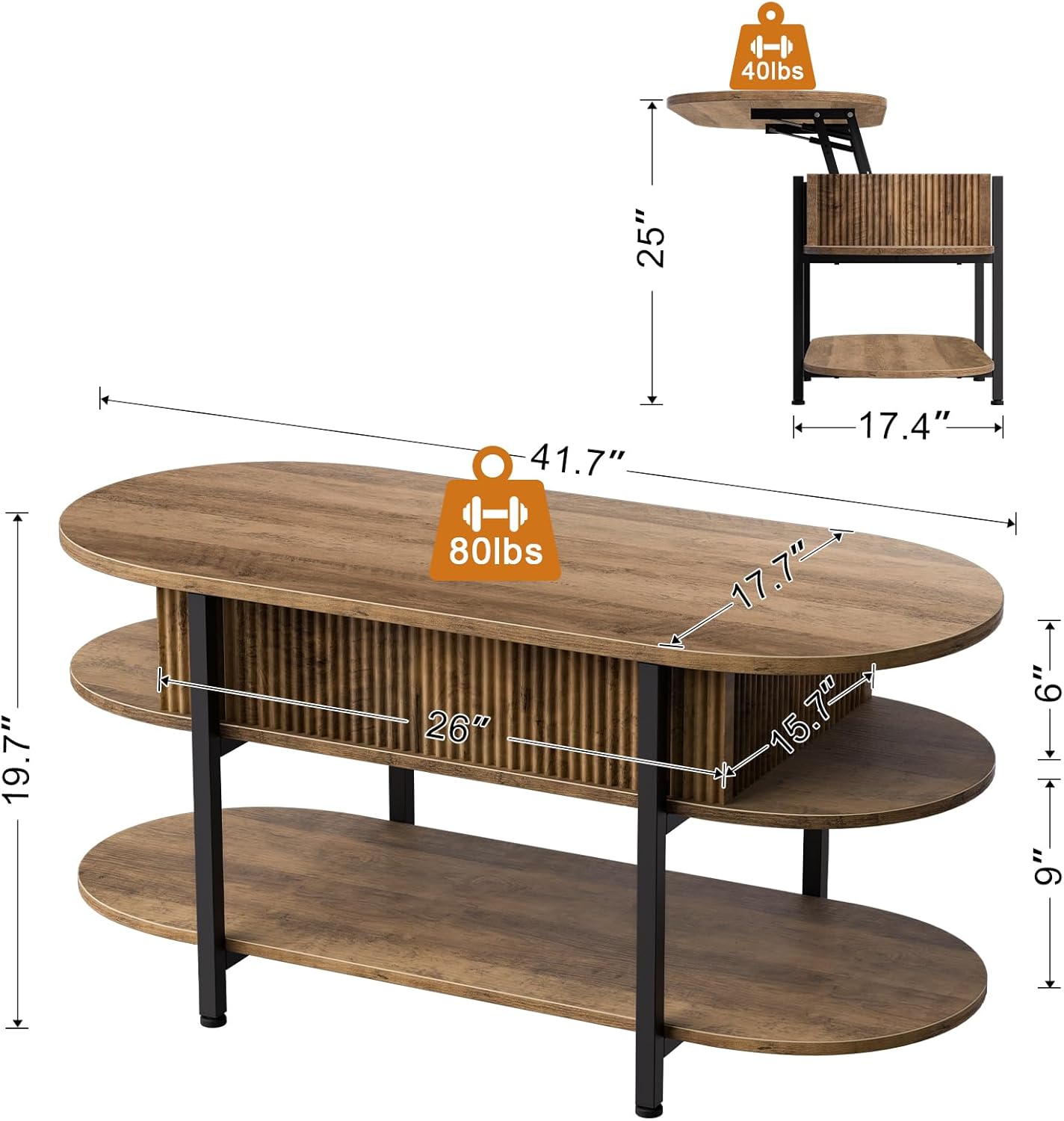 FABATO 41.7 Oval Lift Top Coffee Table, Fluted Wood Center Table with Hidden Storage, 3 Tier Small Tables with Curved Edge, Modern Narrow Coffee Table for Living Room Reception Room, Vintage Oak