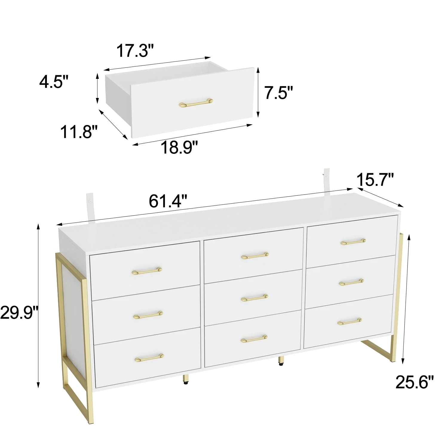 Elegant 9-Drawer Dresser with Gold Accents - Black Stripe Finish Chest