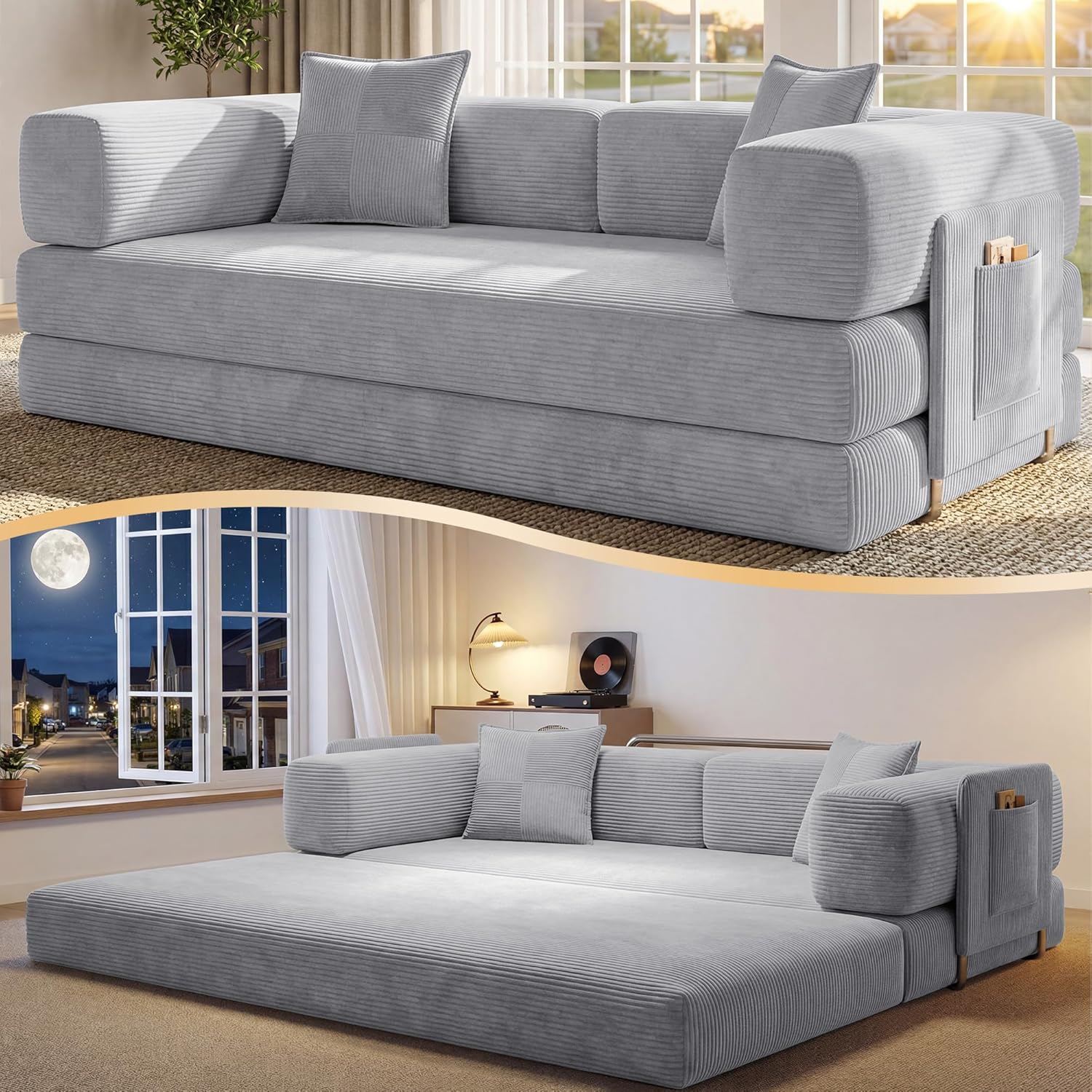 78.8 Convertible Futon Sofa Bed,Corduroy Futon Couch with Storage Pocket,Folding Pull Out Sofa,No Assembly Boneless Couch for Living Room,Grey