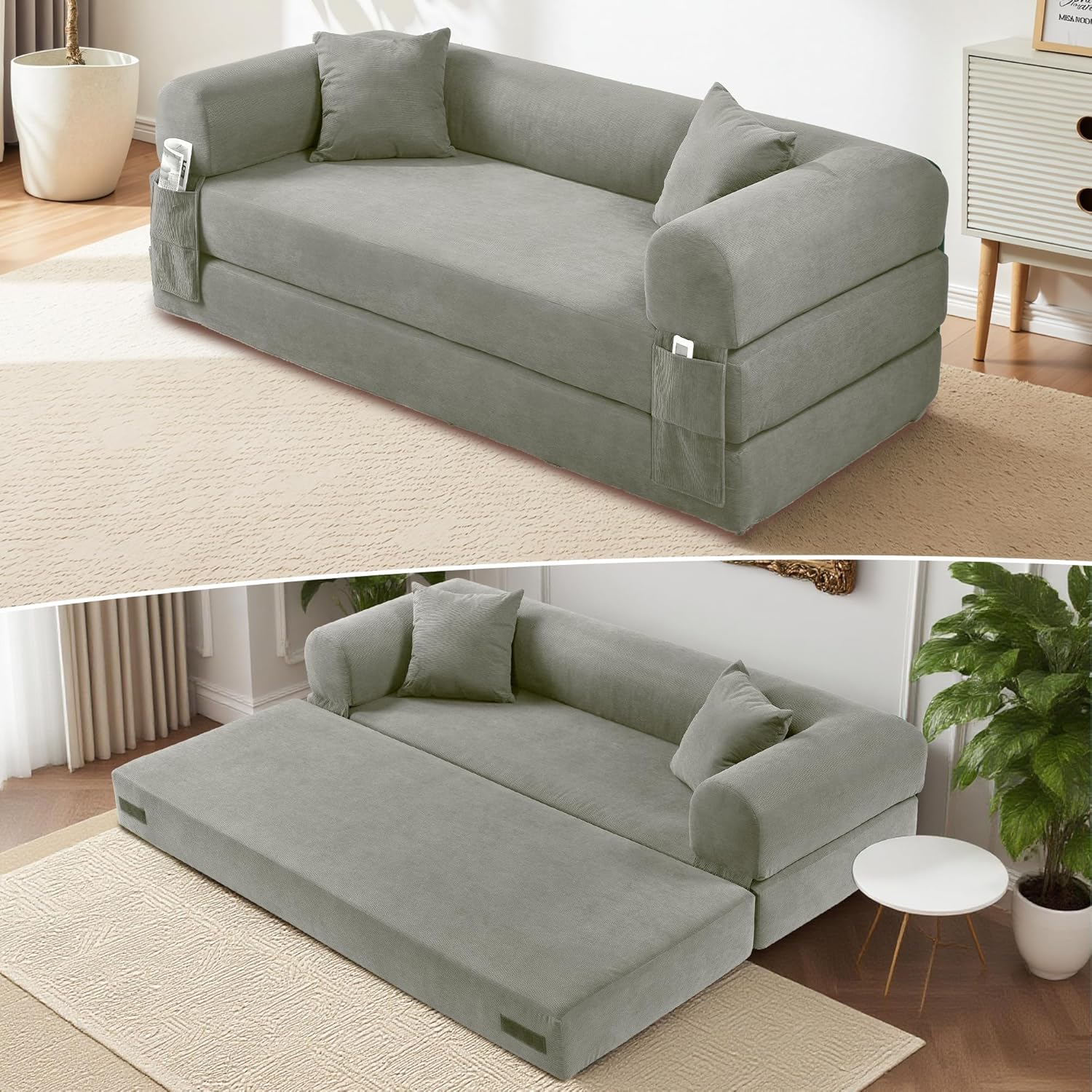 80 Convertible Sofa Bed, Corduroy Deep Seat Folding Pull Out Couch with Pillows, No Assembly Modern Boneless Couch Compression Sofa in Box, Floor Sofa with Storage Pocket for Living Room,Light grey