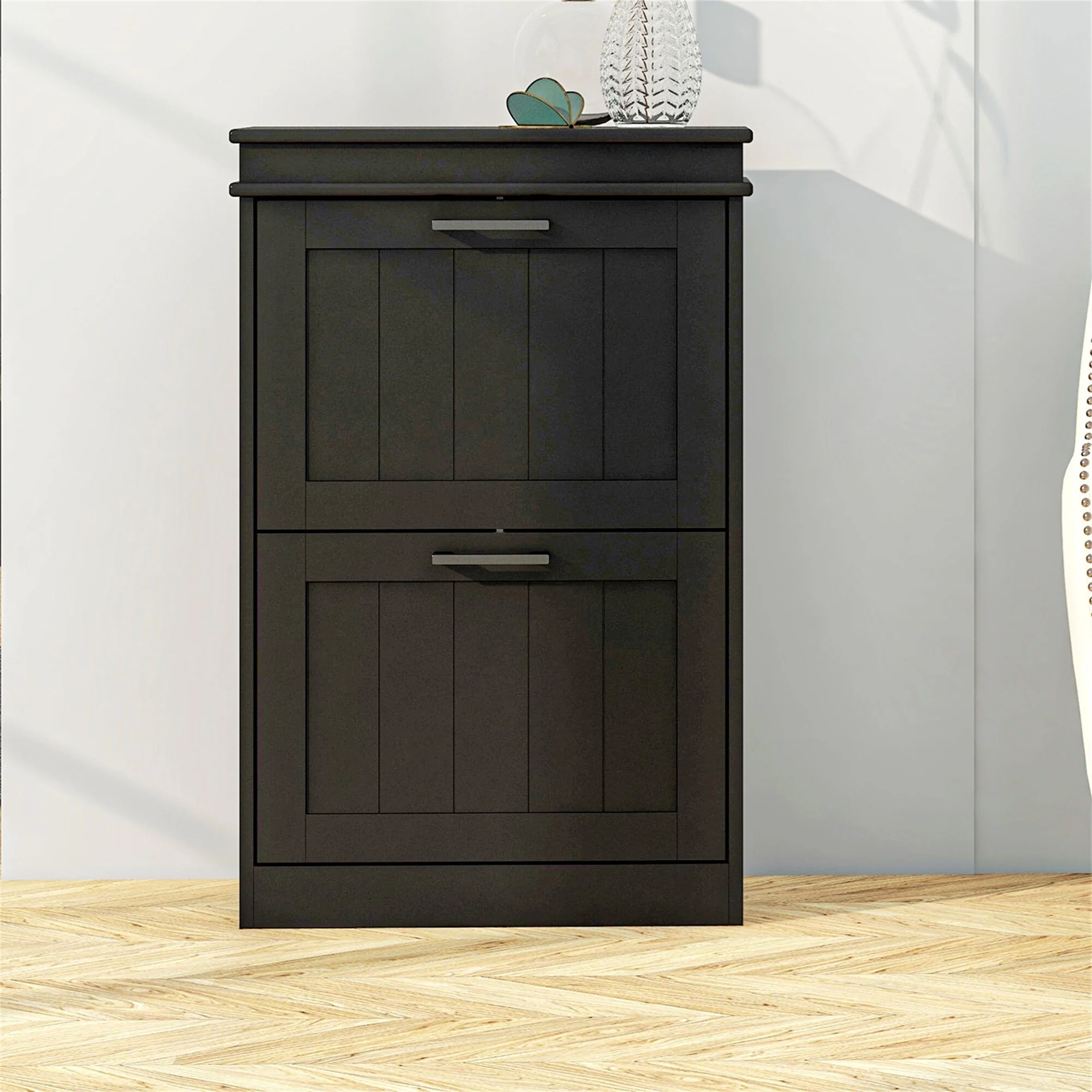 Narrow Shoe Storage Cabinet with 2 Flip Drawers and Adjustable Shelves