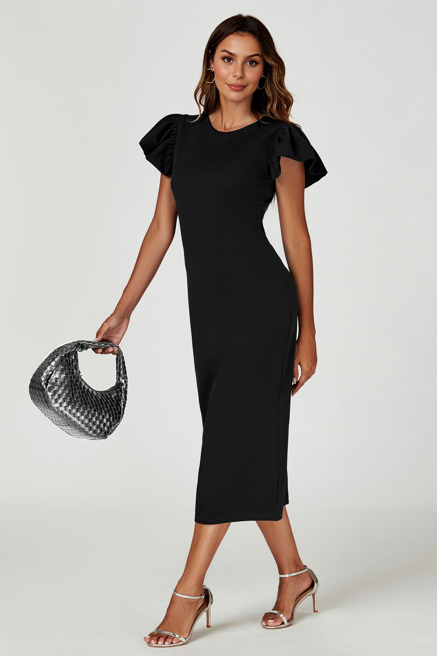 FS Collection Ruffle Sleeve Bodycon Midi Dress In Black
