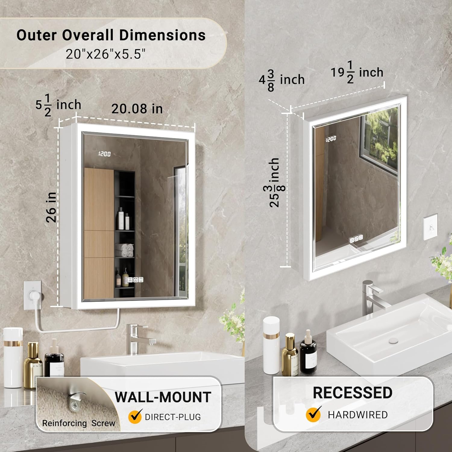 Beveled Lighted Medicine Cabinet with Mirror & Lights -20x26 Surface or Recessed Mirrored Medicine Cabinet with Outlet & Clock, Anti-Fog Dimmable LED Storage Cabinet, Built-in Sensor Light