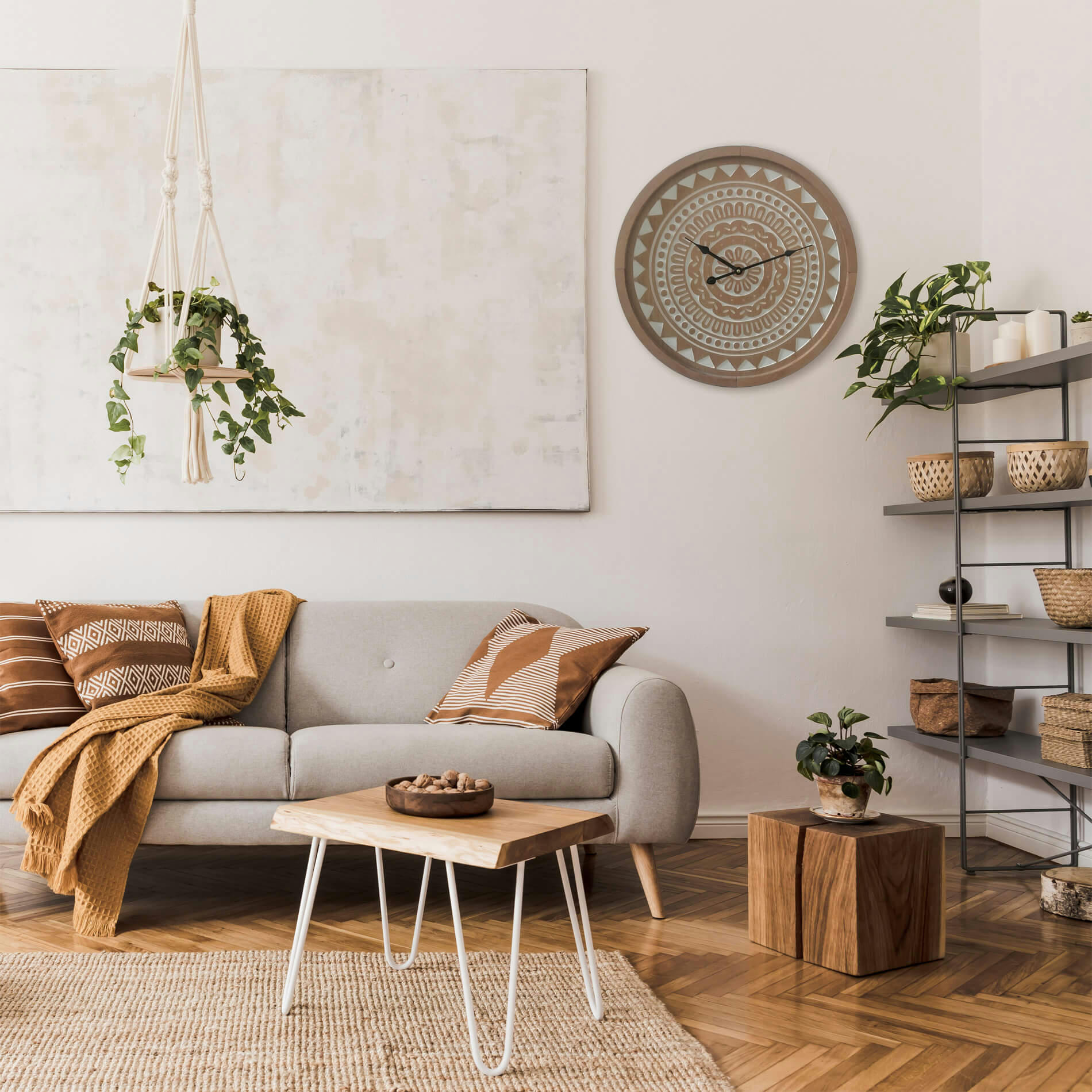- Horloge grande boho en mdf marron blanc D. 50 cm