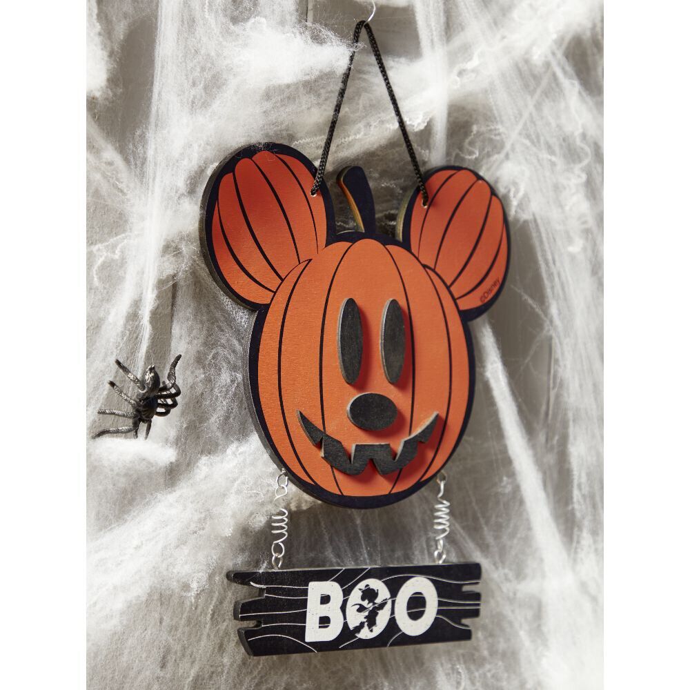 Suspension bois Disney inscription BOO tête Mickey citrouille orange