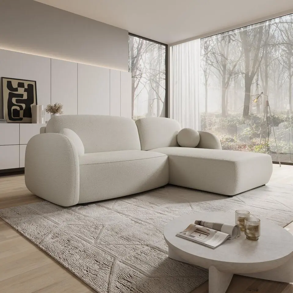 Meubella - Ometa - Hoekbank 3-zits met chaise longue - Teddystof wit - Rechts