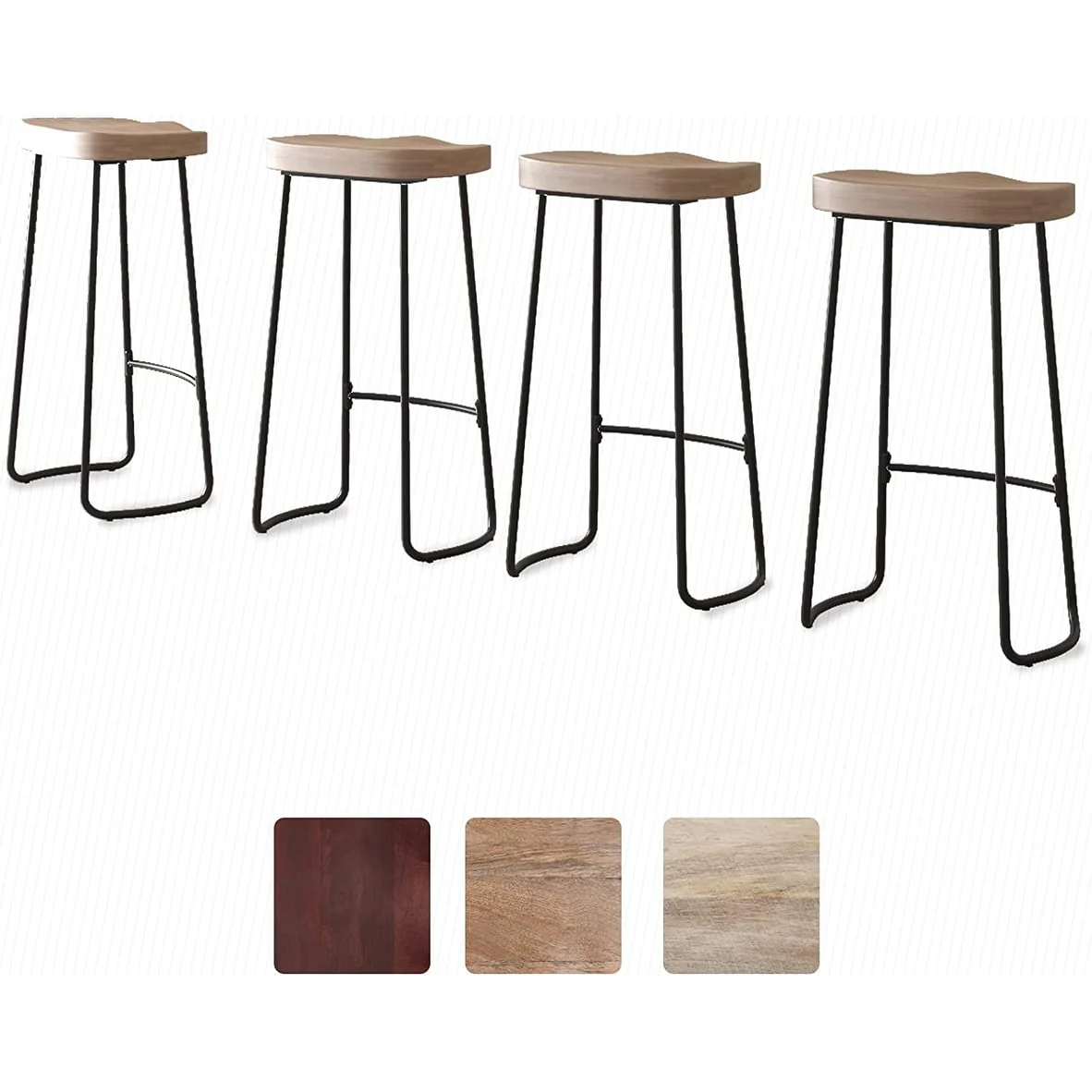 Mixoy 30 Modern Backless Wood Bar Stool with Footrest, Solid Wood Saddle Seat, Industrial Metal Legs, Counter Height Bar Stool