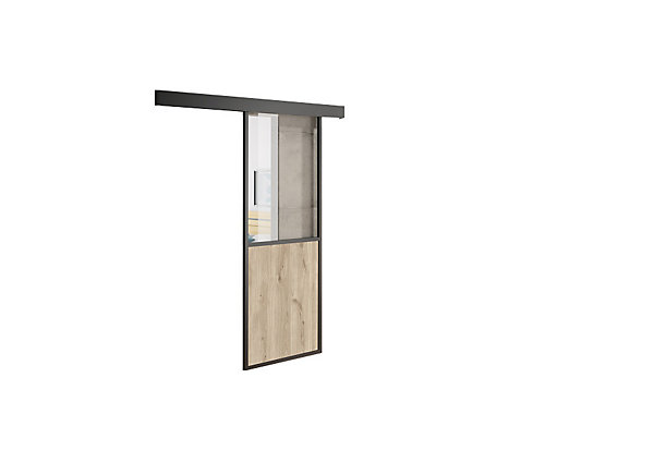 Kit porte coulissante en applique Contemporain noir chêne terra cadre en aluminium et verre transparent H 204 x 93 x 3,6 cm