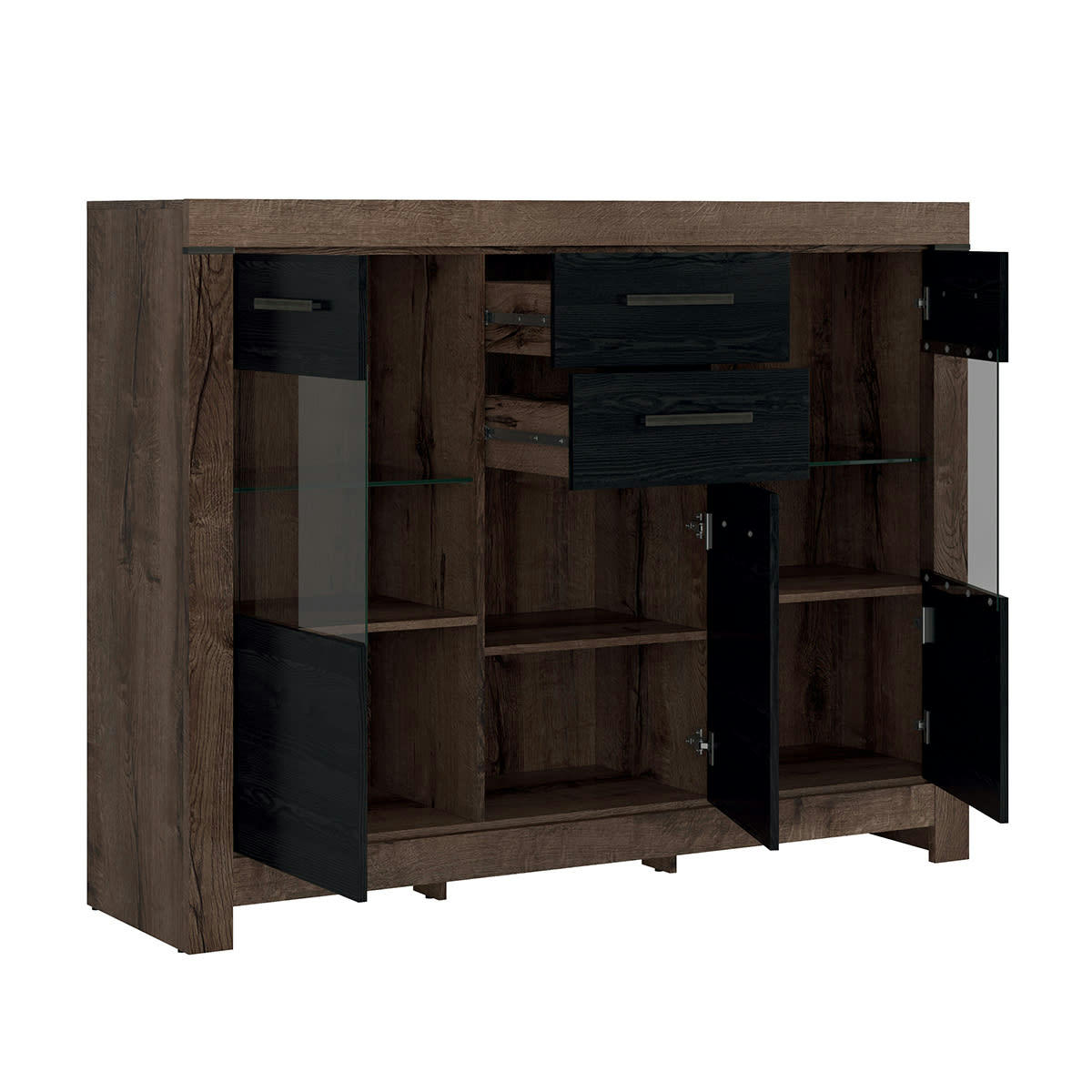 - Buffet vitré 3 portes 2 tiroirs panneaux agglomérés naturel et noir