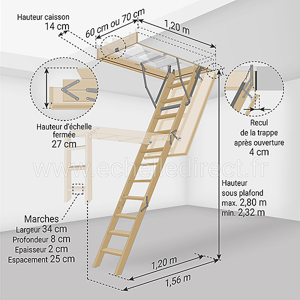Echelle escamotable bois - Trémie de 60 x 120cm - Hauteur de 2.32 à 2.80m - LWS60120-2