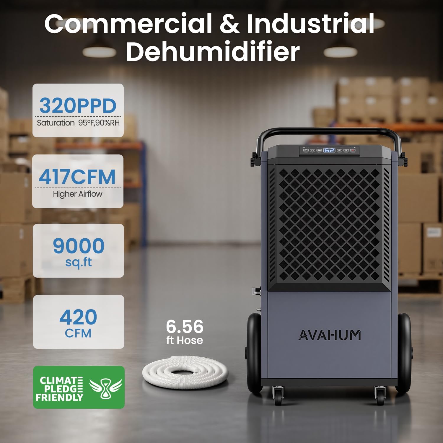 320 Pint Commercial Dehumidifier with Built-in Pump,Industrial Dehumidifier for Basement Warehouse Construction, 9,500 Sq.Ft Large Dehumidifier with Drain Hose, Auto Defrost, Auto Restart