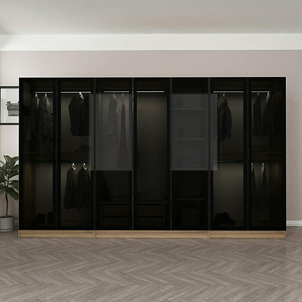 Dressing design 7 portes verre noir &cadre effet noyer BYRON