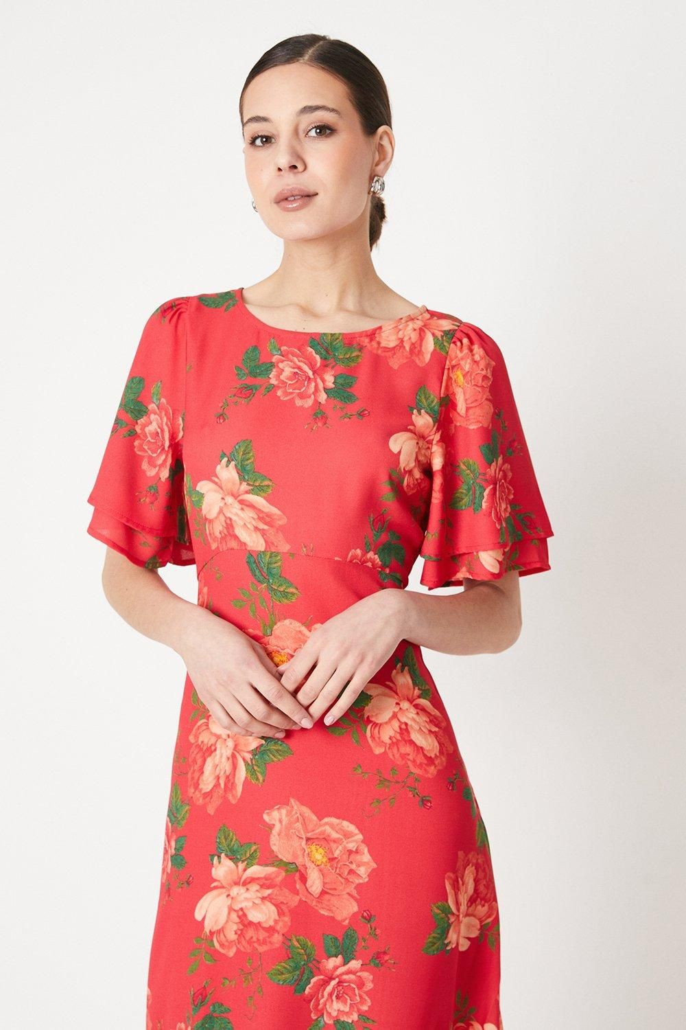 Dorothy Perkins Floral Tie Back Flutter Sleeve Midi Dress