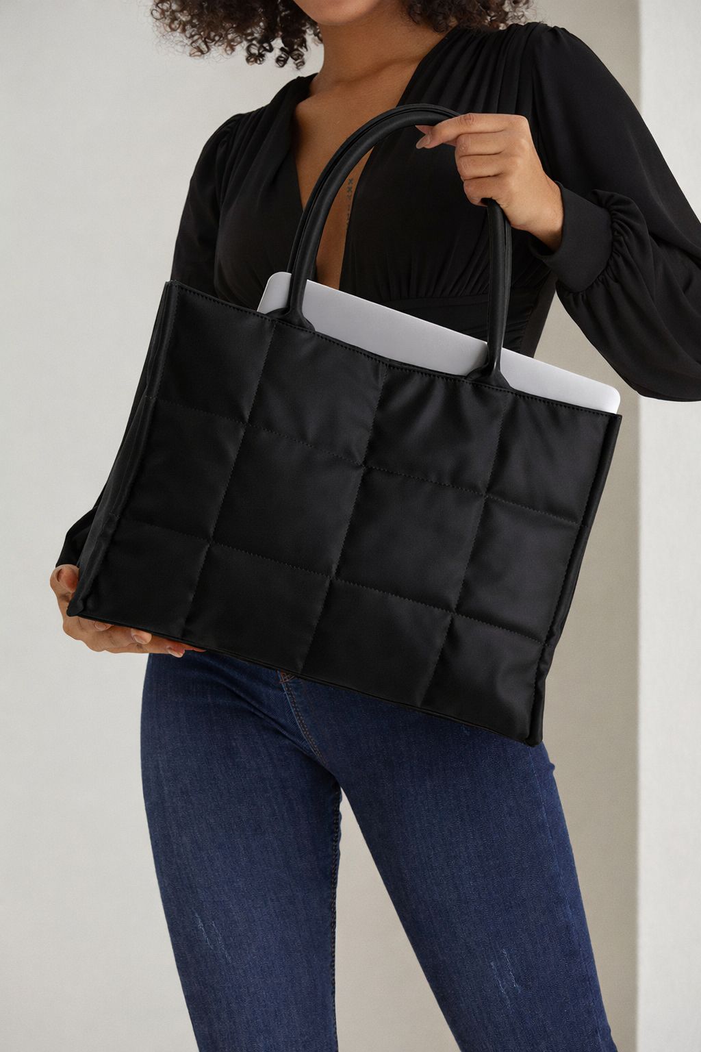 Belissh Quilted Pu Leather Tote Bag with Detachable Strap