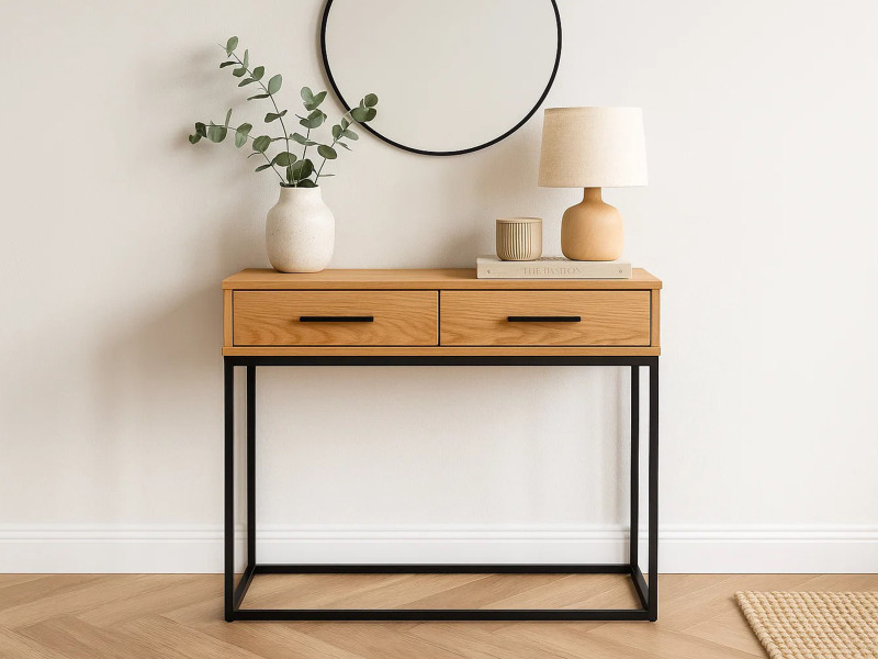 Konsola Sydney Loft – drewno i metal, 2 szuflady, kolor dębowy