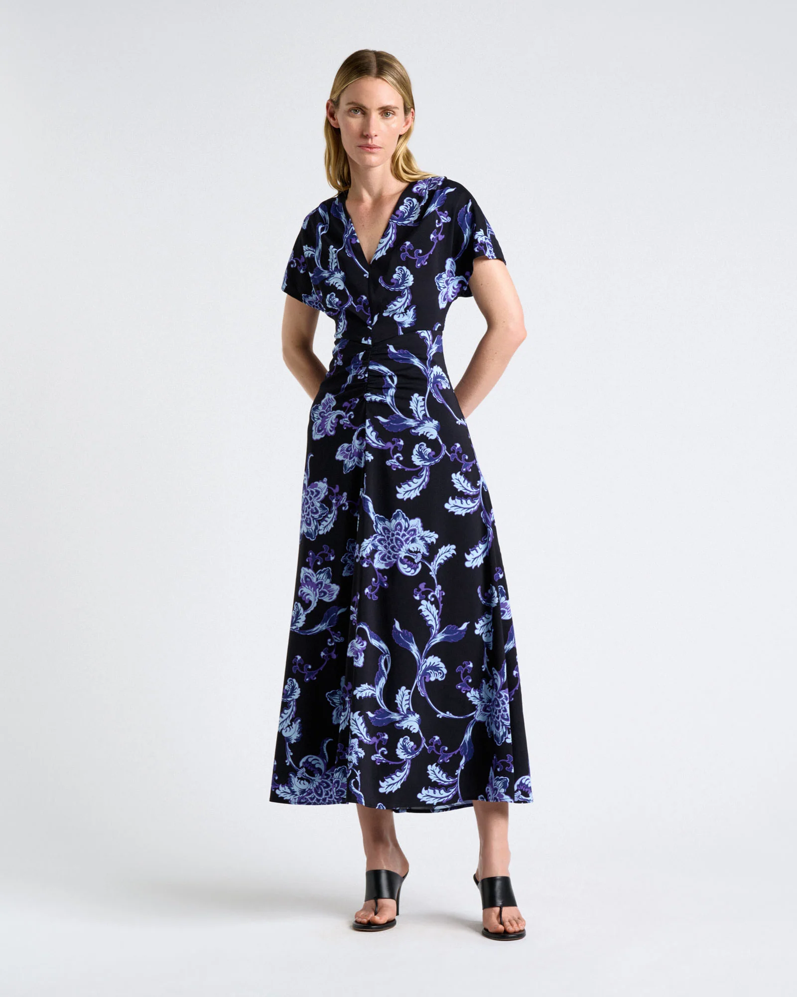 Blue Chintz Floral Gathered Front Midi Dress