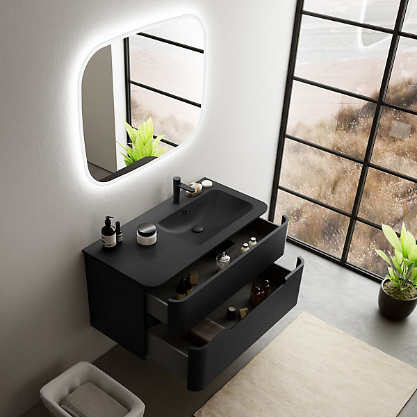 Ensemble salle de bains L. 104 cm meuble sous vasque noir mat   plan vasque version centre noir mat Alba