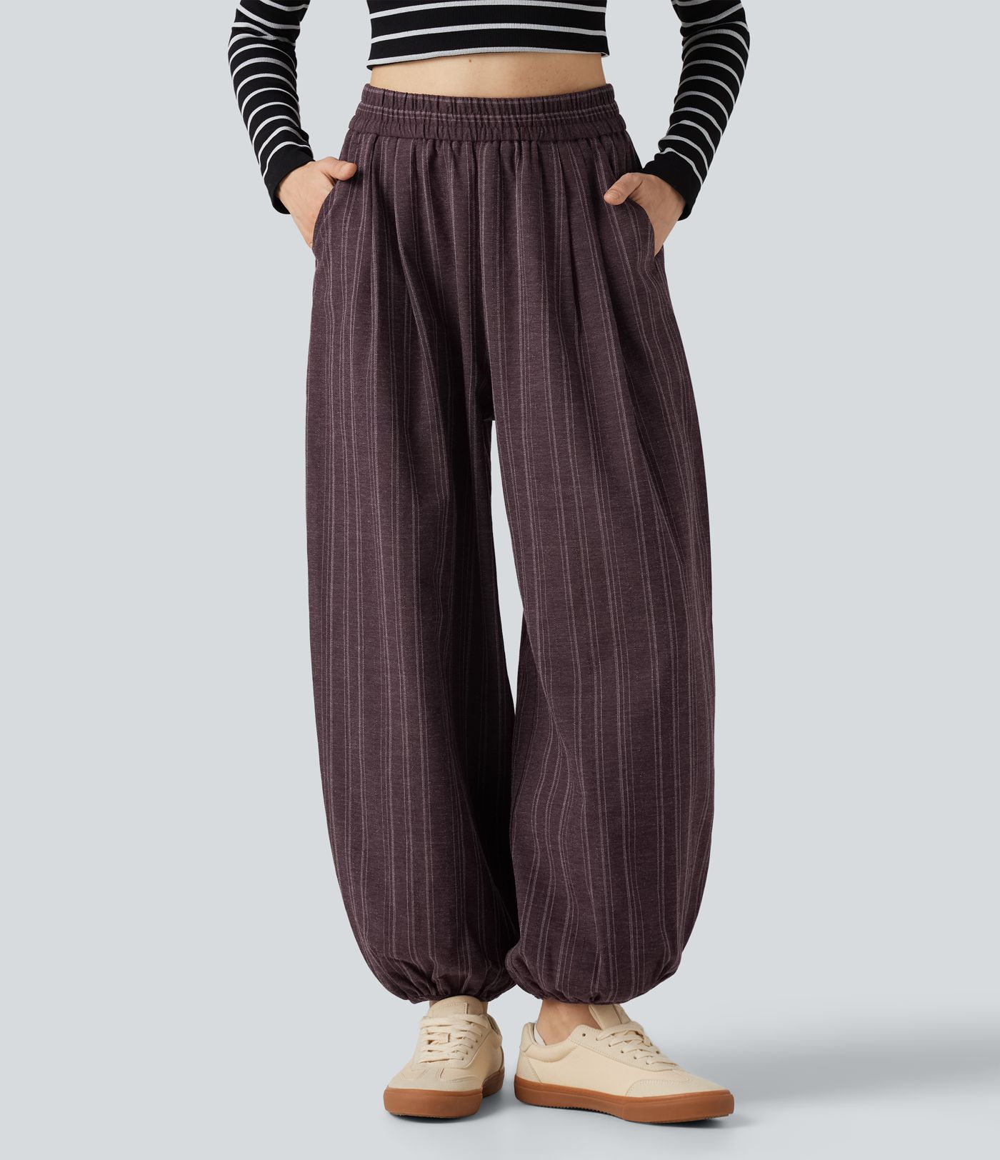 Pantalon de jogging taille haute effet lin à rayures avec poches