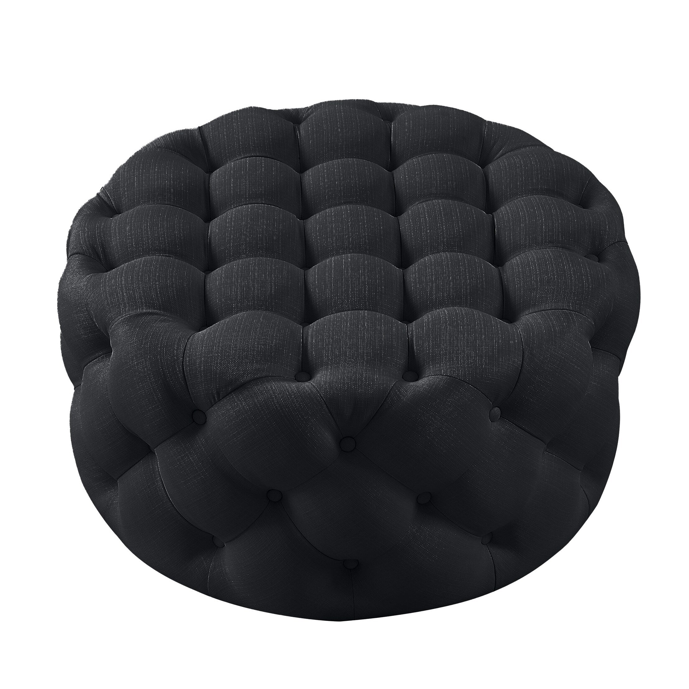 HomeRoots 33 Black Linen Tufted Round Cocktail Ottoman