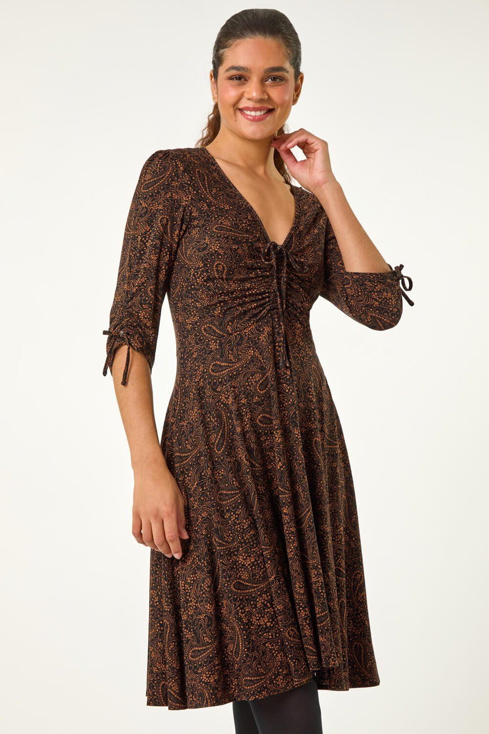 Roman Ditsy Paisley Print Gathered Stretch Dress