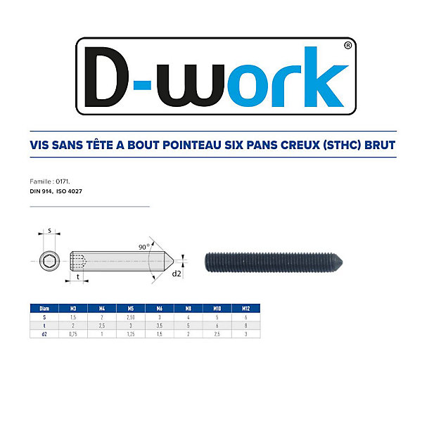 100 Vis Sans Tête 6 Pans Creux à Bout Pointeau STHC 5 x 40 mm - DIN 914 - 45H - Brut - D-Work