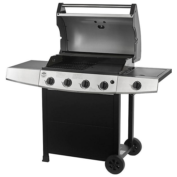 Barbecue gaz ROSTER 5 brûleurs dont 1 latéral avec plancha et grille de cuisson combinées