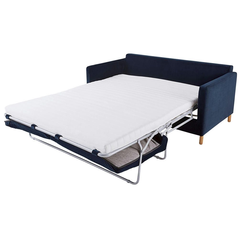 Julian - Canapé convertible 3 places en velours bleu nuit, matelas 10 cm